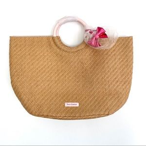 Juicy Couture Straw Raffia Baby Pink Circle Handles Lined Bow Charm Tote Bag
